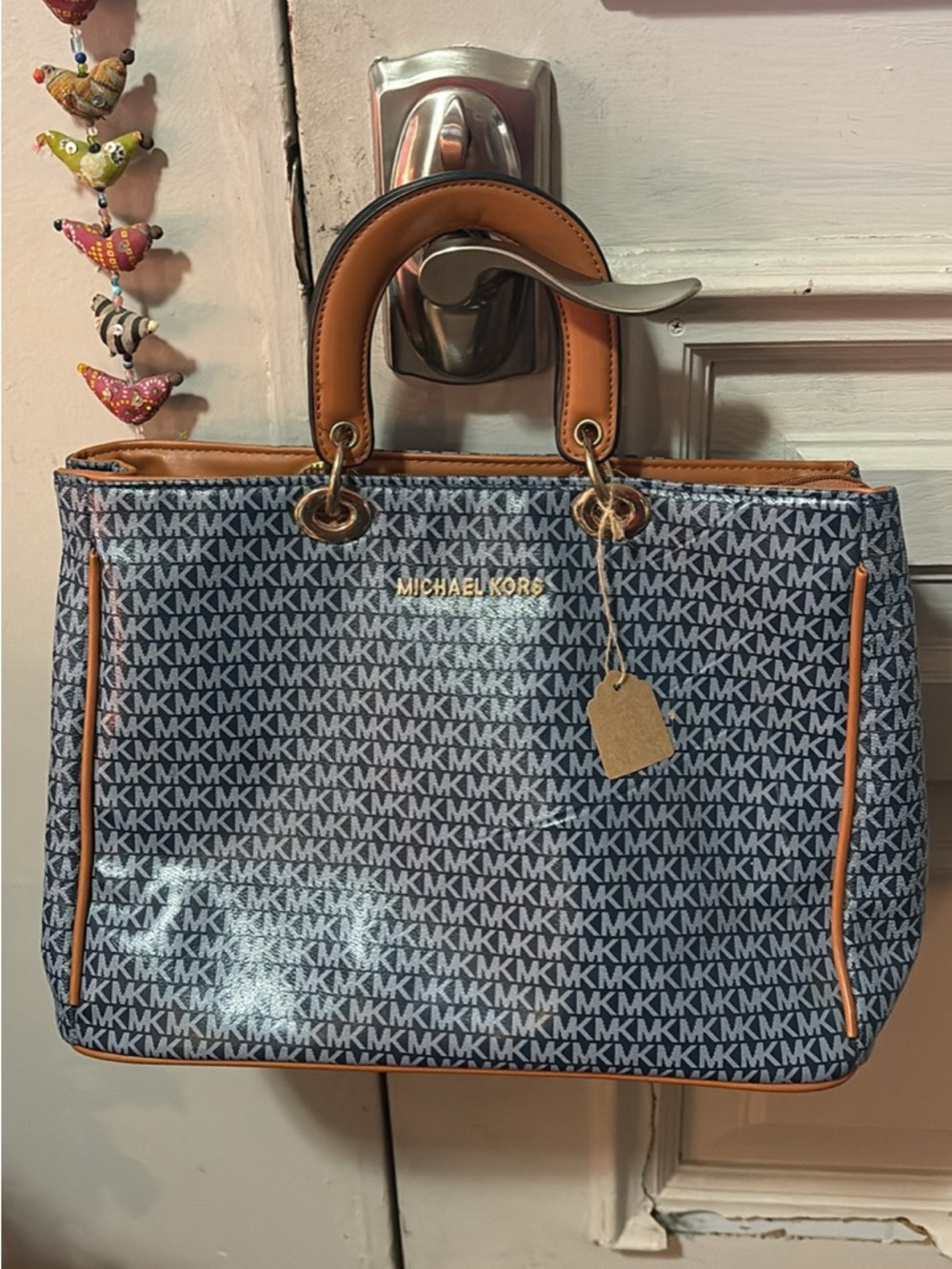 Michael Kors Navy MK Monogram Satchel with Tan Trim